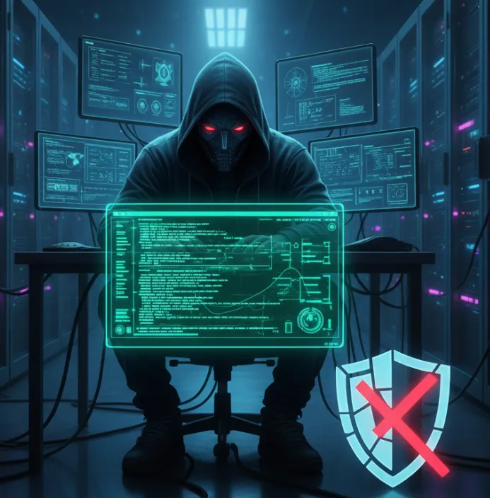 Hacker executing ransomware attack with broken cybersecurity shield