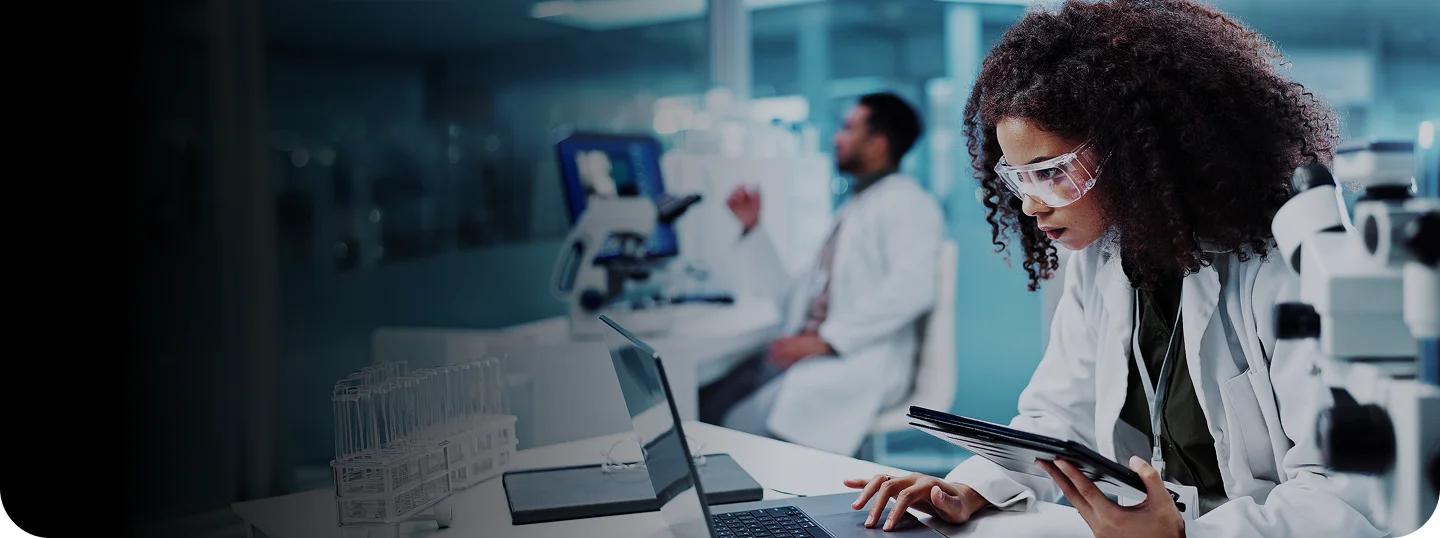Woman scientist in laboratory with tablet or research for chemistry report or medical test.